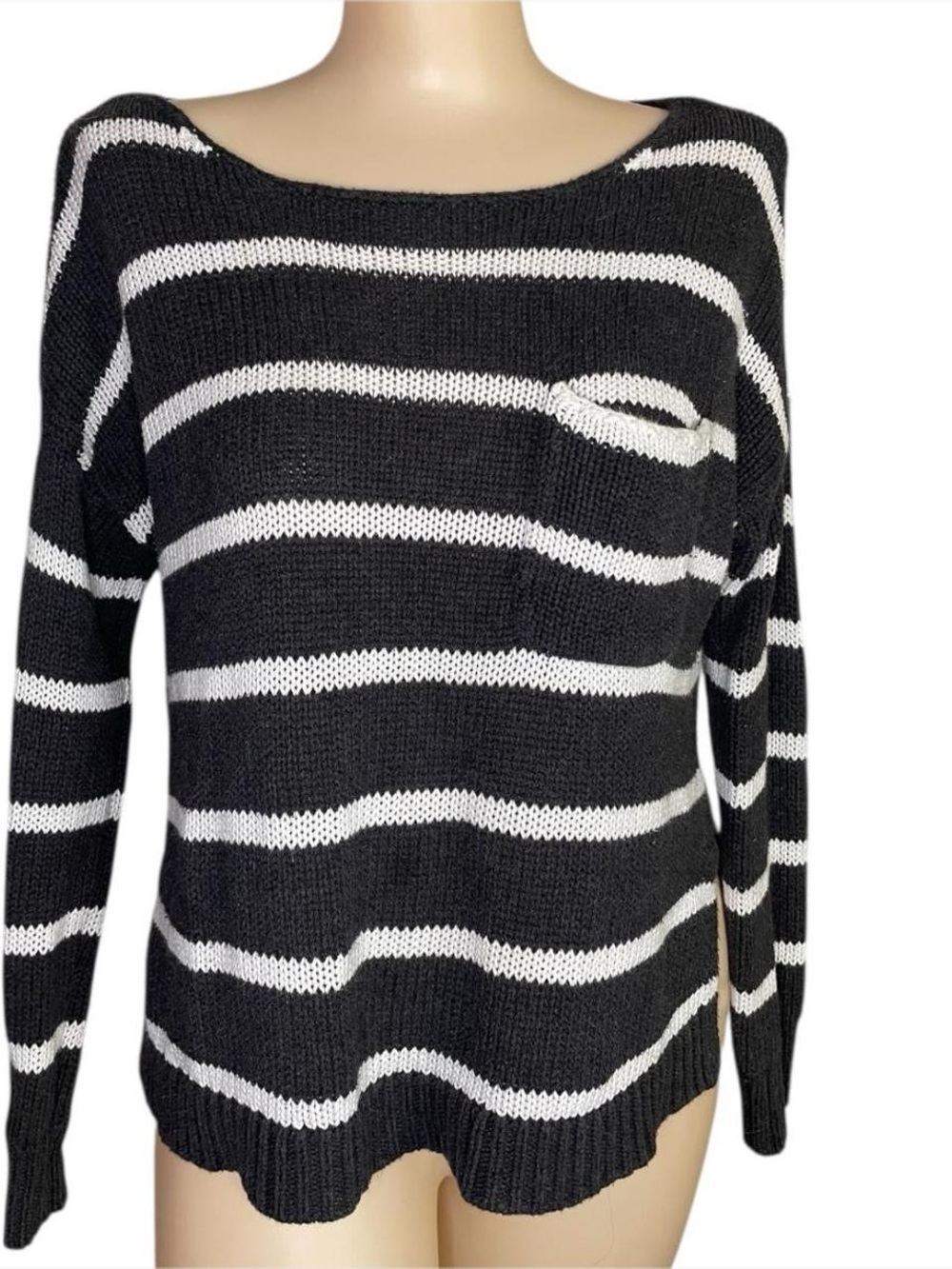 American Eagle Outfitters Dark Gray and White Striped Off-the-Shoulder Sweater